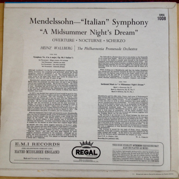 Felix Mendelssohn-Bartholdy, Philharmonia Promenade Orchestra, Heinz Wallberg : "Italian" Symphony / "A Mid Summer Night's Dream" (LP, RE)