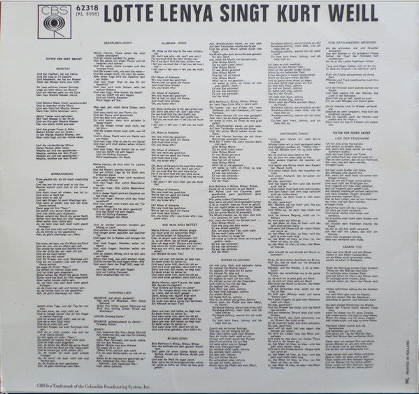 Lotte Lenya : Lotte Lenya Singt Kurt Weill Mit Texten Von Bert Brecht Und Georg Kaiser (LP, RE, Ora)