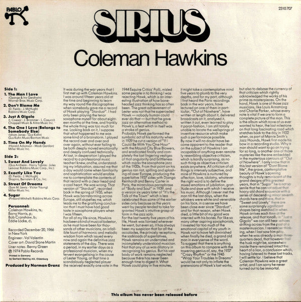 Coleman Hawkins : Sirius (LP, Album, RE)