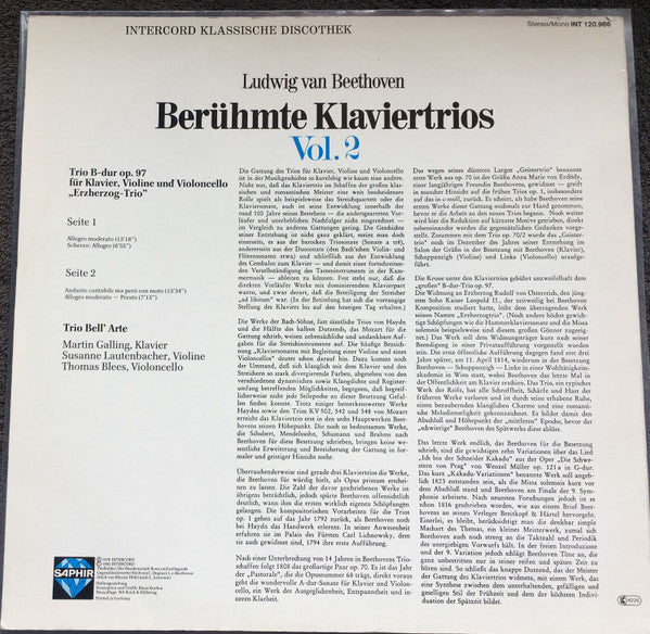 Ludwig van Beethoven, Trio Bell'Arte : Berühmte Klaviertrios Vol. 2 (LP)