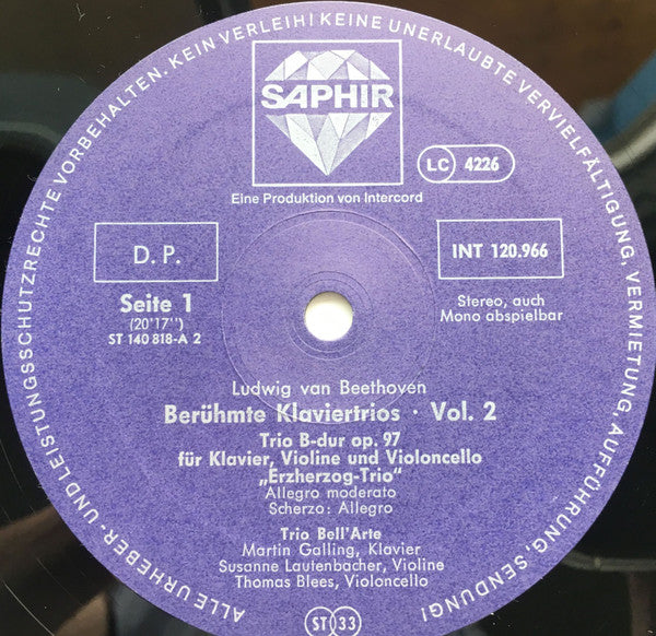 Ludwig van Beethoven, Trio Bell'Arte : Berühmte Klaviertrios Vol. 2 (LP)