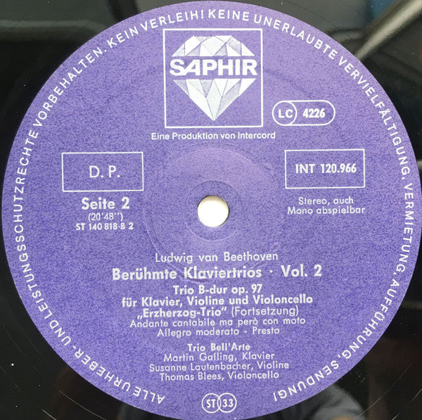 Ludwig van Beethoven, Trio Bell'Arte : Berühmte Klaviertrios Vol. 2 (LP)