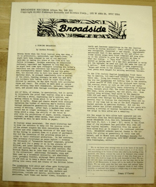 Various : Broadside Ballads Vol. 1 (LP, Album, Comp, Mono)