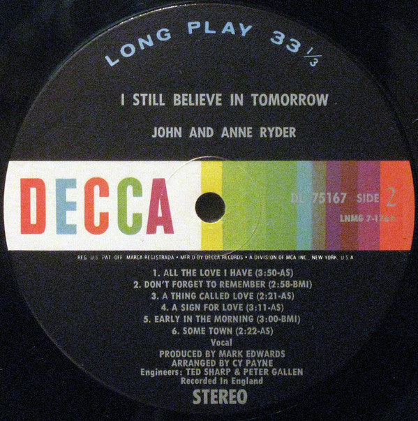 John & Anne Ryder : I Still Believe In Tomorrow (LP, Album, Los)