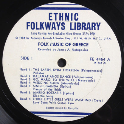 Various : Folk Music Of Greece / Crete / Epirus / Macedonia / Cyprus / Peloponnesus / Naxos / Rhodes / Pontus (LP, Comp, RE, Yel)