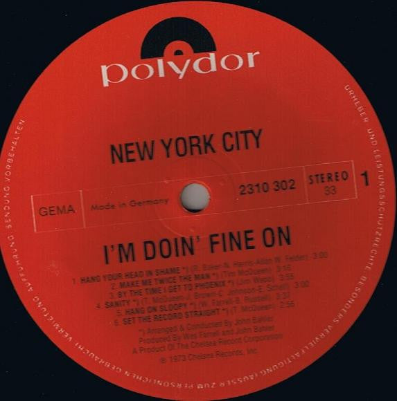 New York City : I'm Doin' Fine Now (LP, Album)