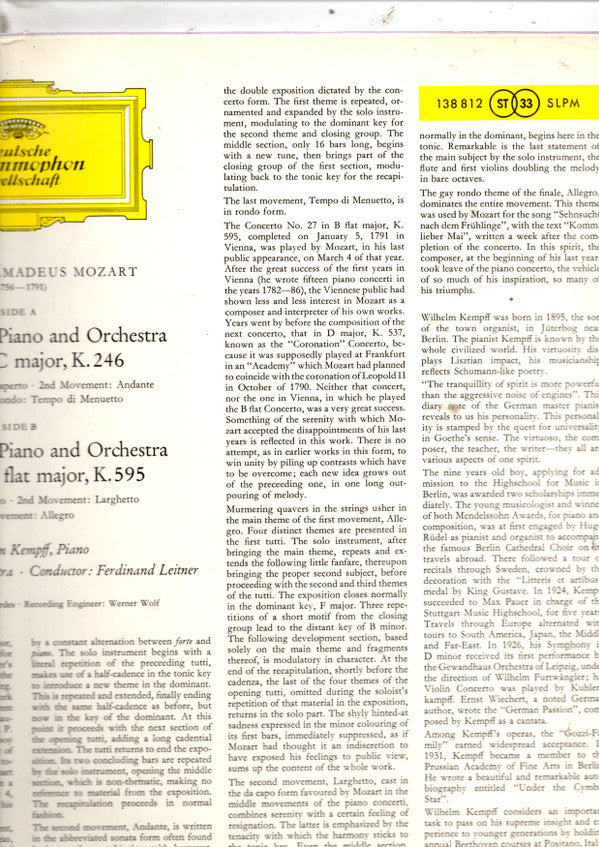 Wolfgang Amadeus Mozart – Wilhelm Kempff, Berliner Philharmoniker, Ferdinand Leitner : Klavierkonzerte C Dur KV 246 • B-Dur KV 595 (LP, Album, Yel)