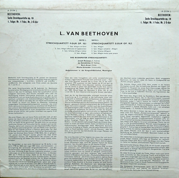 Ludwig van Beethoven, Budapest String Quartet : Streichquartett F-Dur Op. 18,1 / Streichquartett G-Dur Op. 18,2 (LP, Mono)