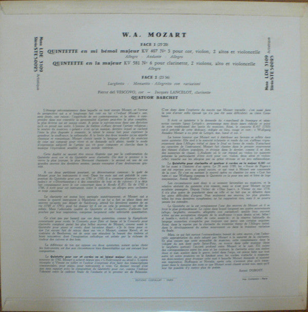 Wolfgang Amadeus Mozart - Jacques Lancelot, Pierre Del Vescovo, Barchet-Quartett : Quintette Pour Clarinette, Deux Violons, Alto Et Violoncelle En La Majeur KV. 581 / Quintette Pour Cor Violon, Deux Altos Et Violoncelle En Mi Bémol Majeur KV. 407 (LP, Mono, Gre)