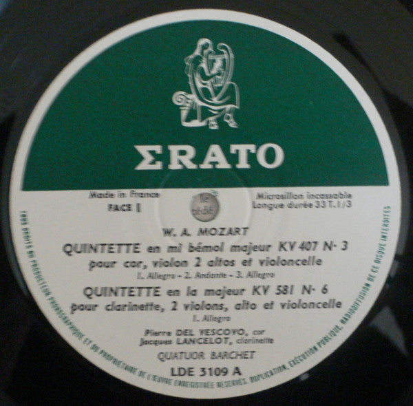 Wolfgang Amadeus Mozart - Jacques Lancelot, Pierre Del Vescovo, Barchet-Quartett : Quintette Pour Clarinette, Deux Violons, Alto Et Violoncelle En La Majeur KV. 581 / Quintette Pour Cor Violon, Deux Altos Et Violoncelle En Mi Bémol Majeur KV. 407 (LP, Mono, Gre)