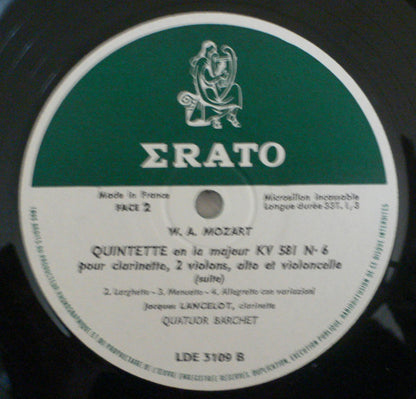 Wolfgang Amadeus Mozart - Jacques Lancelot, Pierre Del Vescovo, Barchet-Quartett : Quintette Pour Clarinette, Deux Violons, Alto Et Violoncelle En La Majeur KV. 581 / Quintette Pour Cor Violon, Deux Altos Et Violoncelle En Mi Bémol Majeur KV. 407 (LP, Mono, Gre)