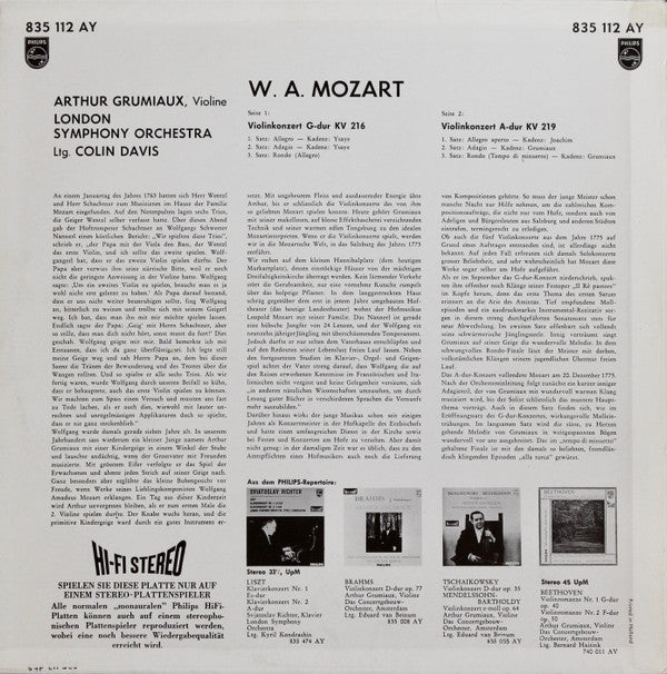 Wolfgang Amadeus Mozart, Arthur Grumiaux, Sir Colin Davis, London Symphony Orchestra : Violinkonzert G-dur KV 216; Violinkonzert A-dur KV 219 (LP, RE)