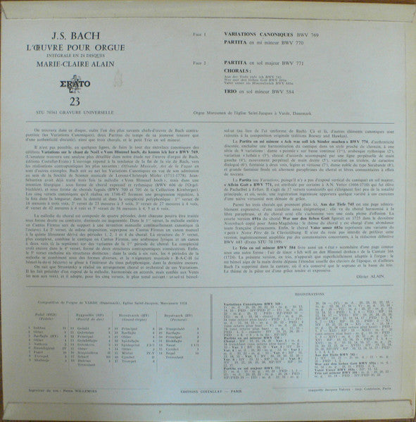 Johann Sebastian Bach - Marie-Claire Alain : Variations Canoniques BWV 769 / Partitas En Mi Mineur BWV 770 - En Sol Majeur BWV 771 / Trois Chorals BWV 745 - 691a - 683a / Trio En Sol Mineur BWV 584 (LP)