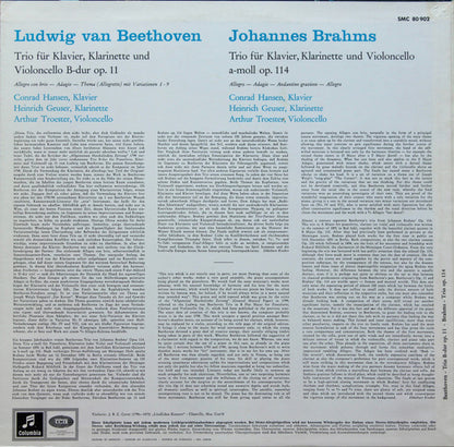 Conrad Hansen, Heinrich Geuser, Arthur Troester, Johannes Brahms, Ludwig van Beethoven : Trio Für Klavier, Klarinette Und Violoncello B-dur Op. 11, Trio Für Klavier, Klarinette Und Violoncello A-moll Op. 114 (LP)