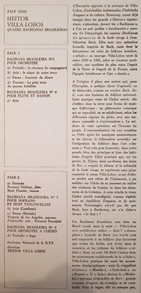 Heitor Villa-Lobos - Victoria De Los Angeles, Fernand Dufrène, René Plessier, Orchestre National De La R.T.F., Heitor Villa-Lobos : Quatre Bachianas Brasileiras : No 2 Pour Orchestre / No 5 Pour Soprano Et 8 Violoncelles  /  No 6 Pour Flûte Et Basson / No 9 Pour Orchestre A Cordes (LP)