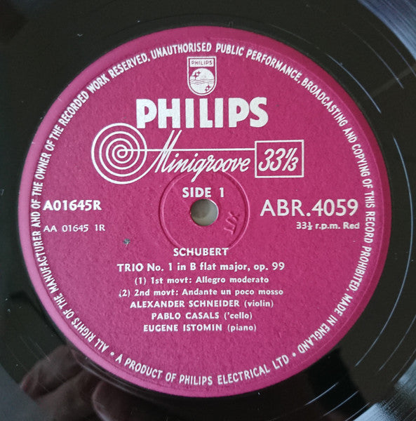 Franz Schubert : Casals Festival At Prades / Schubert - Trio No. 1 In B-Flat Major Op. 99 (10", Mono)