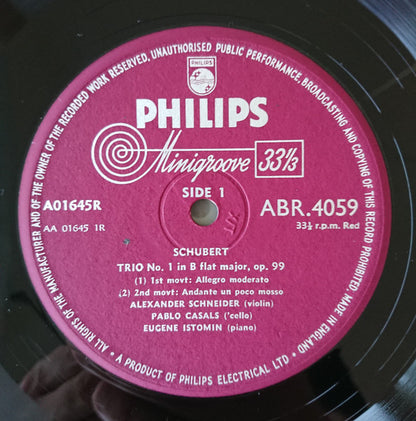 Franz Schubert : Casals Festival At Prades / Schubert - Trio No. 1 In B-Flat Major Op. 99 (10", Mono)