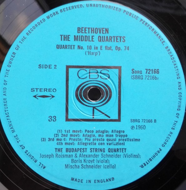 Ludwig van Beethoven, Budapest String Quartet : Quartet No. 9 In C Major, Op. 59, No. 3 (Rasoumovsky) / Quartet No. 10 In E Flat Major, Op. 74 (Harp) (LP)