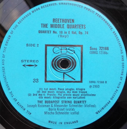 Ludwig van Beethoven, Budapest String Quartet : Quartet No. 9 In C Major, Op. 59, No. 3 (Rasoumovsky) / Quartet No. 10 In E Flat Major, Op. 74 (Harp) (LP)