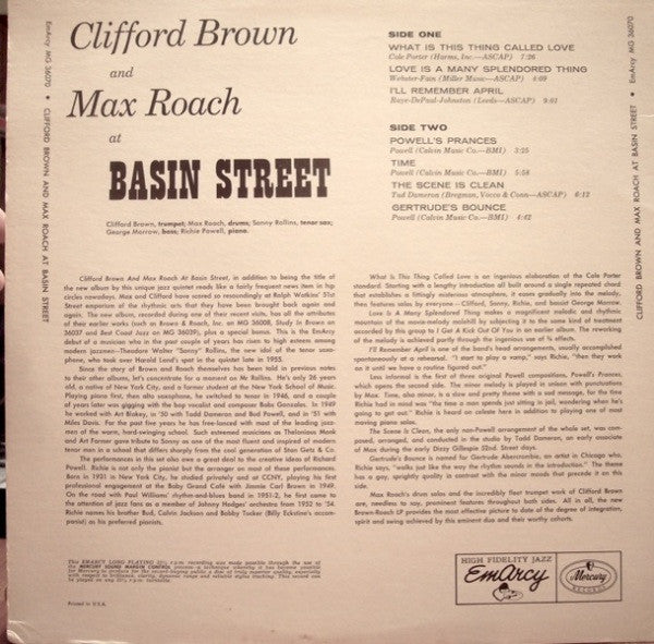 Clifford Brown And Max Roach : At Basin Street (LP, Album, Mono, RE, dee)