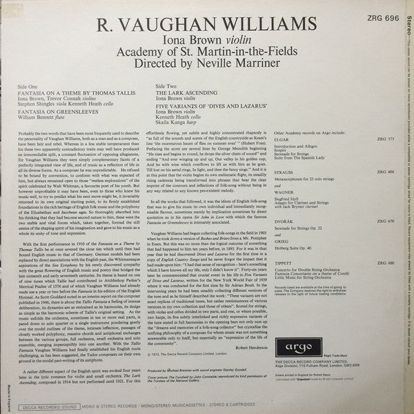 Ralph Vaughan Williams - The Academy Of St. Martin-in-the-Fields Director: Sir Neville Marriner : Fantasia On A Theme By Thomas Tallis / The Lark Ascending / Five Variants Of Dives And Lazarus / Fantasia On Greensleeves (Vaughan Williams Concert) (LP, Album)