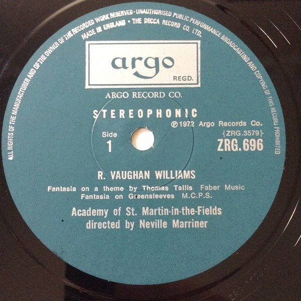 Ralph Vaughan Williams - The Academy Of St. Martin-in-the-Fields Director: Sir Neville Marriner : Fantasia On A Theme By Thomas Tallis / The Lark Ascending / Five Variants Of Dives And Lazarus / Fantasia On Greensleeves (Vaughan Williams Concert) (LP, Album)