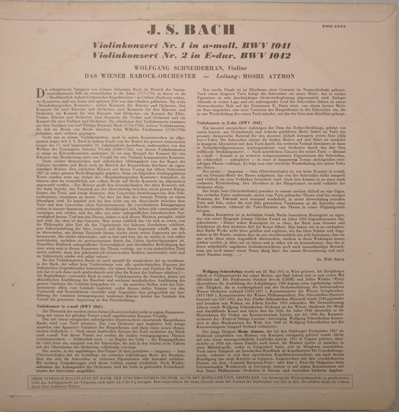 Johann Sebastian Bach, Wolfgang Schneiderhan, Wiener Barockorchester, Moshe Atzmon : Violinkonzert Nr. 1 Und Nr. 2 (LP)