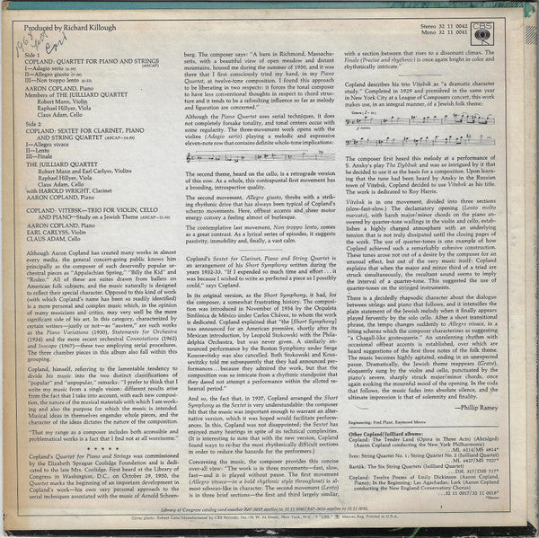Aaron Copland - Juilliard String Quartet, Harold Wright : Quartet (For Piano And Strings) / Sextet (For Clarinet, Piano And String Quartet) / Vitebsk (Trio For Violin, Cello And Piano) (LP, Album)