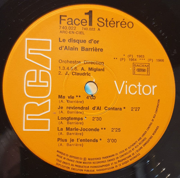 Alain Barrière : Le Disque D'Or D'Alain Barrière (LP, Comp, RE)