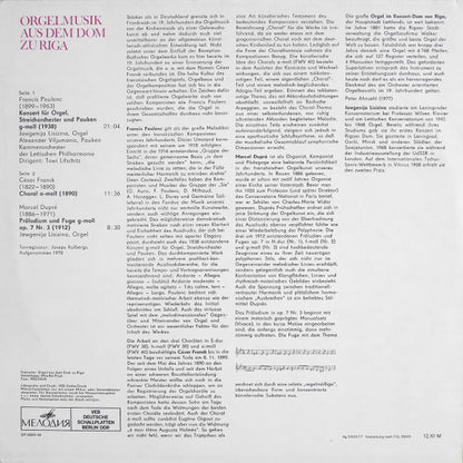 Francis Poulenc / César Franck / Marcel Dupré : Orgelmusik Aus Dem Dom Zu Riga - Konzert Für Orgel, Streichorchester Und Pauken G-moll / Choral A-moll / Präludium Und Fuge G-moll (LP)