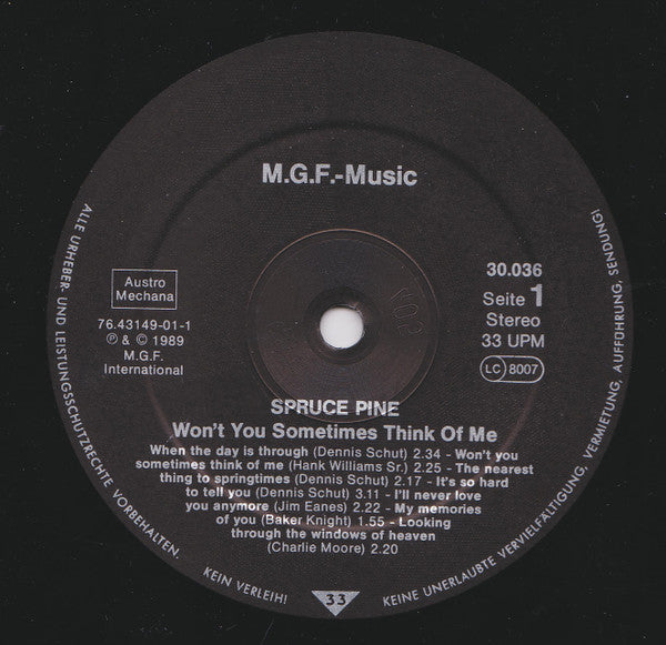 Spruce Pine : Won't You Sometimes Think Of Me (LP, Album)