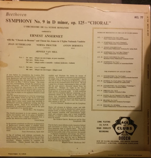 Ludwig Van Beethoven, Joan Sutherland, Norma Procter, Anton Dermota, Arnold van Mill, Chorale Du Brassus, Chœur Des Jeunes De L'Église National Vaudoise, L'Orchestre De La Suisse Romande, Ernest Ansermet : Choral Symphony (Symphony No.9 In D Minor) (LP, Mono)