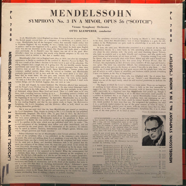 Felix Mendelssohn-Bartholdy - Wiener Symphoniker , Under The Direction Of Otto Klemperer : Symphony No. 3 In A Minor, Opus 56, "Scotch" (LP, Album, Mono)