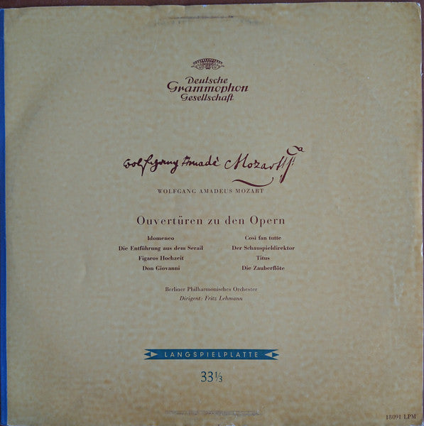 Wolfgang Amadeus Mozart, Fritz Lehmann, Berliner Philharmoniker : Ouvertüren Zu Den Opern (LP, Mono, Gat)