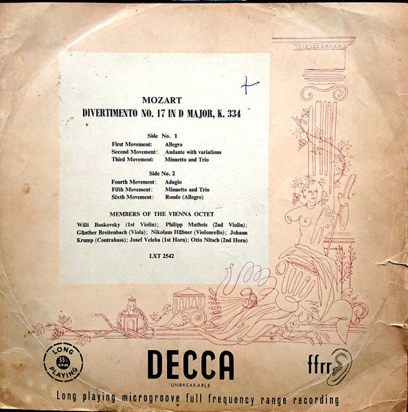 Wolfgang Amadeus Mozart - Mitglieder Des Wiener Oktetts : Divertimento N° 17 In D Major, K. 334 (LP, Mono)