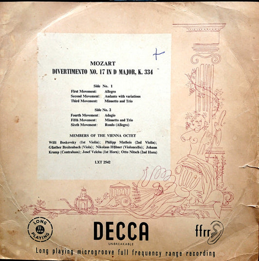 Wolfgang Amadeus Mozart - Mitglieder Des Wiener Oktetts : Divertimento N° 17 In D Major, K. 334 (LP, Mono)