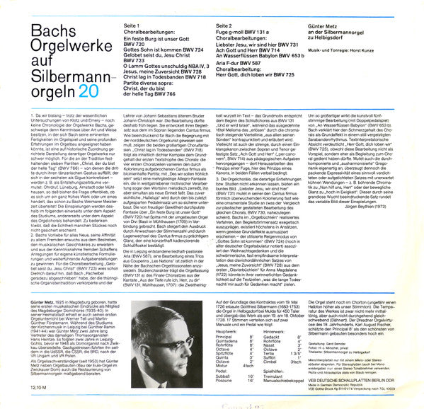 Johann Sebastian Bach, Günter Metz : Bachs Orgelwerke Auf Silbermannorgeln 20: Günter Metz An Der Silbermannorgel Zu Helbigsdorf (LP, RP)