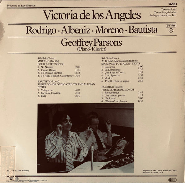 Victoria De Los Angeles, Geoffrey Parsons (2) - Isaac Albéniz • Julian Bautista • Joaquín Rodrigo • Salvador Moreno (2) : Recital  (LP)