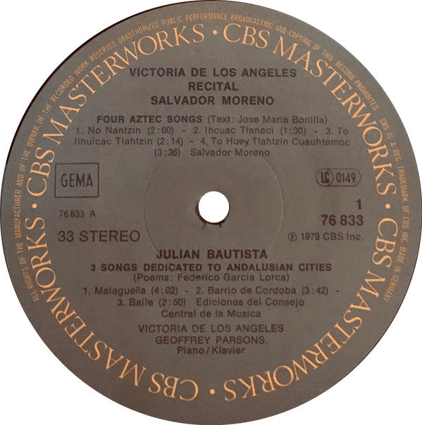 Victoria De Los Angeles, Geoffrey Parsons (2) - Isaac Albéniz • Julian Bautista • Joaquín Rodrigo • Salvador Moreno (2) : Recital  (LP)