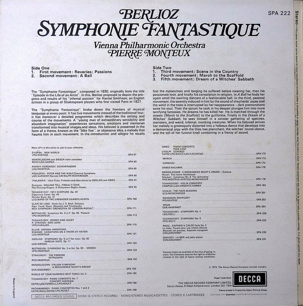 Hector Berlioz – Wiener Philharmoniker, Pierre Monteux : Symphonie Fantastique (LP, RE)