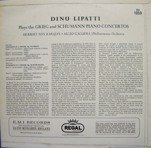 Edvard Grieg & Robert Schumann, Dinu Lipatti, Alceo Galliera, Herbert Von Karajan, Philharmonia Orchestra : Piano Concertos (LP, Mono)