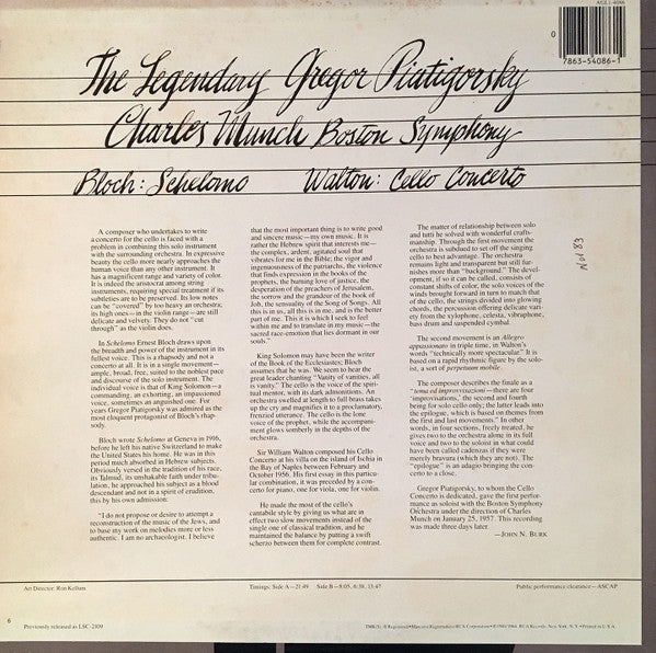 Ernest Bloch, Sir William Walton - Gregor Piatigorsky, Boston Symphony Orchestra, Charles Munch : Schelomo / Cello Concerto (LP, RE)