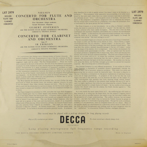 Carl Nielsen, Thomas Jensen, Mogens Wöldike Conducting Statsradiofoniens Symfoniorkester : Concerto For Flute And Orchestra / Concerto For Clarinet And Orchestra (LP, Mono)