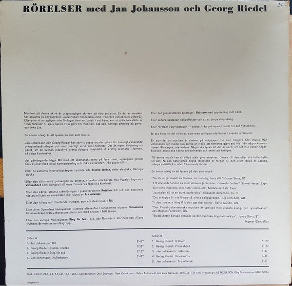 Jan Johansson / Georg Riedel : Rörelser (LP, Album, Mono)