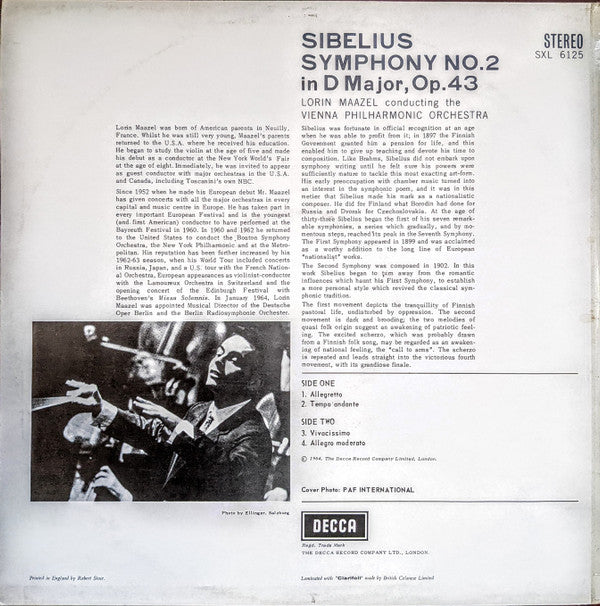 Jean Sibelius, Lorin Maazel, Wiener Philharmoniker : Symphony No. 2 (LP, RP, ED3)