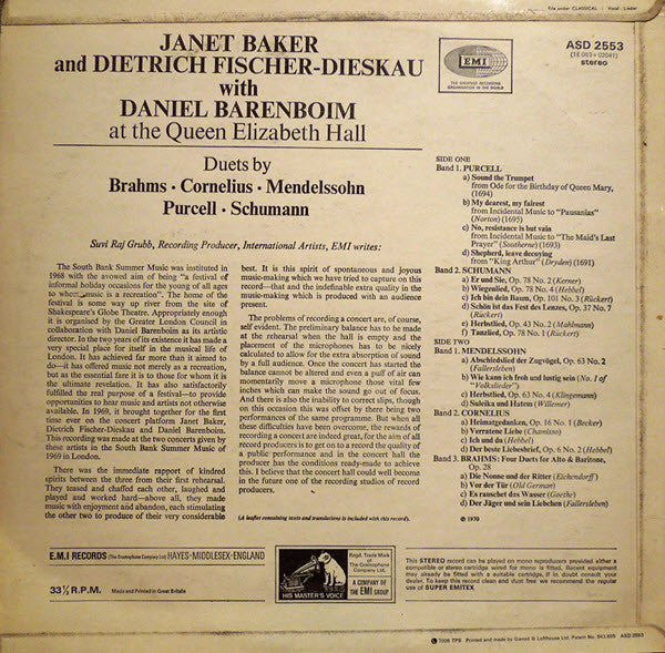 Henry Purcell, Robert Schumann, Felix Mendelssohn-Bartholdy, Peter Cornelius (2), Johannes Brahms, Janet Baker, Dietrich Fischer-Dieskau, Daniel Barenboim : Duets (LP, Album)