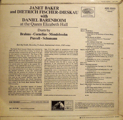 Henry Purcell, Robert Schumann, Felix Mendelssohn-Bartholdy, Peter Cornelius (2), Johannes Brahms, Janet Baker, Dietrich Fischer-Dieskau, Daniel Barenboim : Duets (LP, Album)