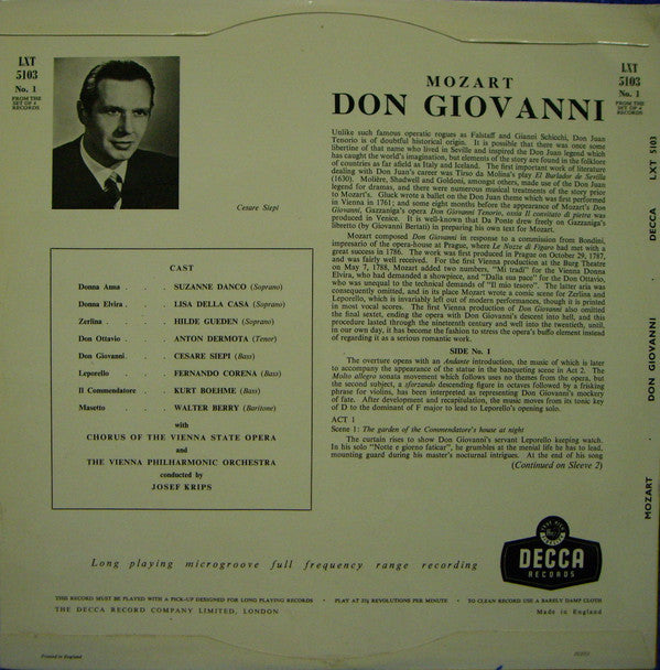 Wolfgang Amadeus Mozart, Suzanne Danco, Lisa Della Casa, Hilde Güden, Anton Dermota, Cesare Siepi, Fernando Corena, Kurt Böhme, Walter Berry With Wiener Staatsopernchor And Wiener Philharmoniker Conducted By Josef Krips : Don Giovanni (4xLP, Mono, RP)