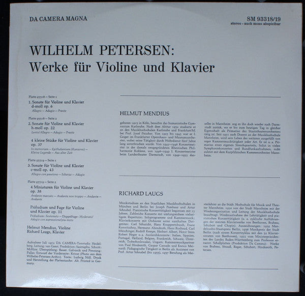 Wilhelm Petersen - Helmut Mendius, Richard Laugs : Werke Für Violine Und Klavier (2xLP)