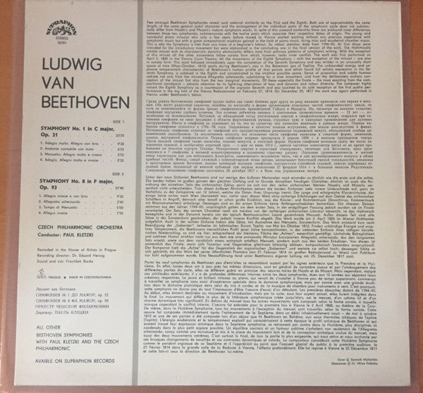 Ludwig van Beethoven : Symphony No. 1 In C Major - Symphony No. 8 In F Major. Czech Philharmonic Orchestra, Conductor Paul Kletzki.  (LP, RP)